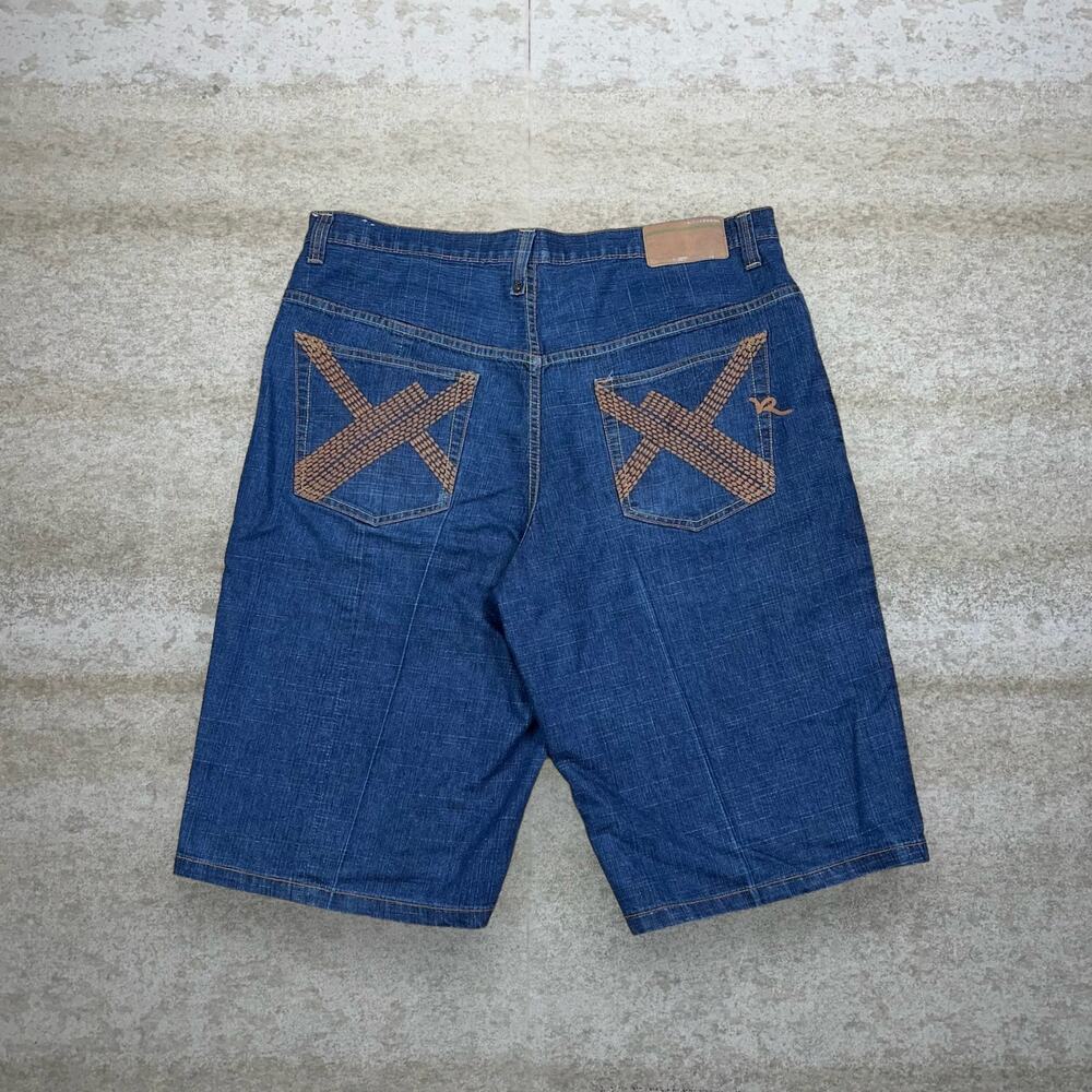 Vintage Y2K Rocawear Skater Wide Leg Jean Shorts 40x15 Baggy Dark Wash Denim